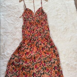 Astr Floral Midi Dress in Orange and Pink
